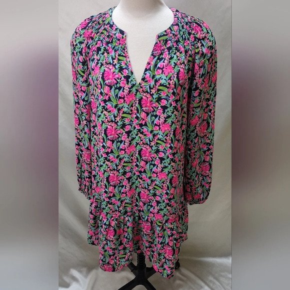 LILLY PULITZER LOW TIDE NAVY GARDEN VARIETY LUCEE LONG SLEEVE DRESS Small EUC - Picture 1 of 7